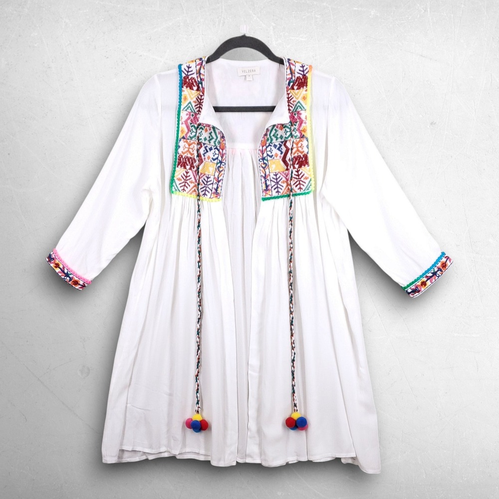 Velzera Embroidered Open Front Tunic Peasant Top M White Semi-Sheer Boho Chic